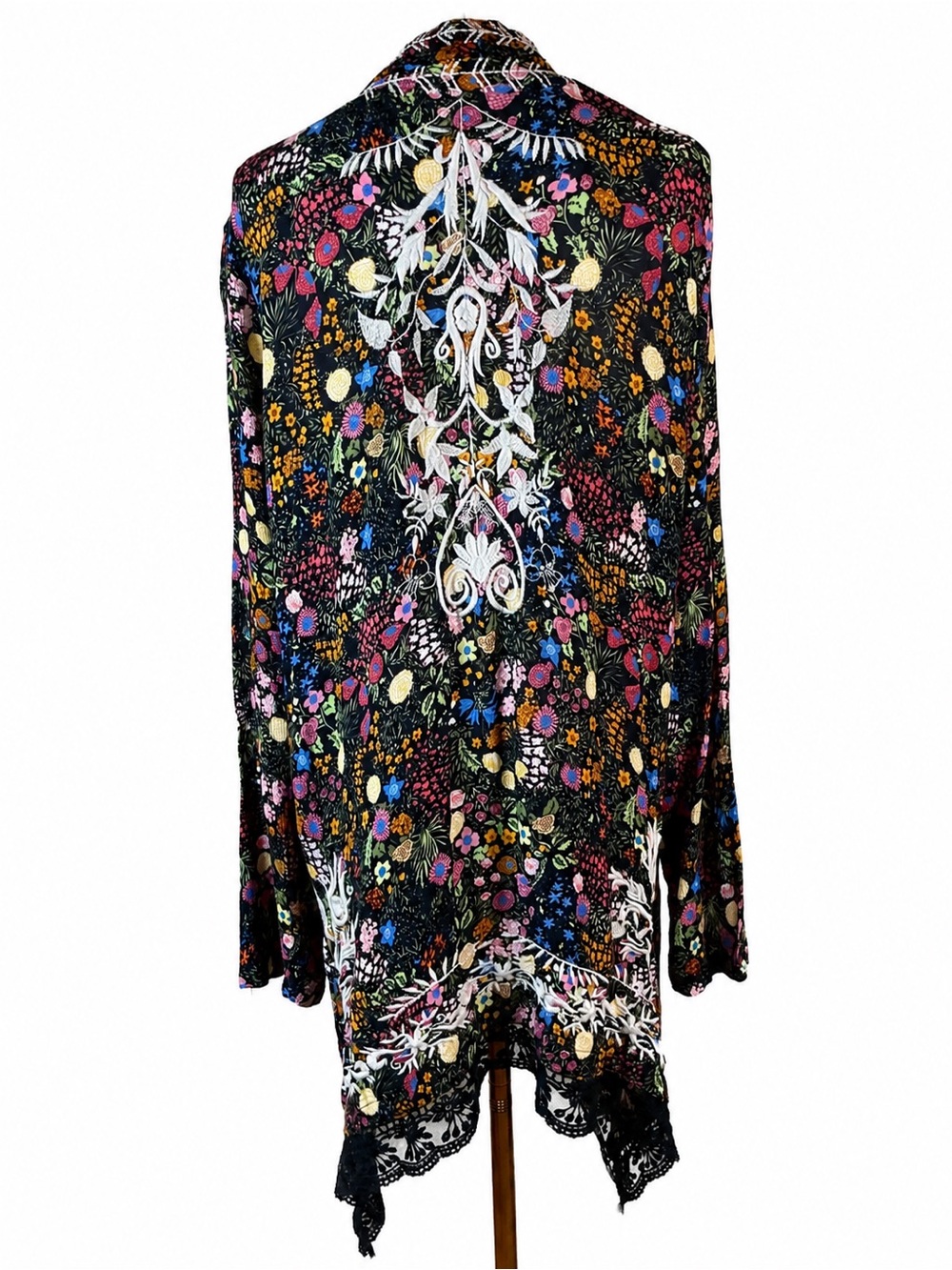 Sundance Floral Embroidered Cardigan Kimono | Boho Open Front Lace Trim | Women - Picture 3 of 11